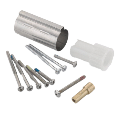 White plastic handle adapter with with polished chrome sleeve metal washers and brass apdater.