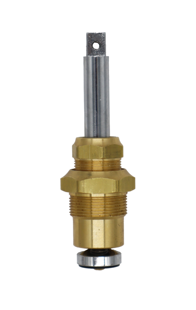 Bright brass body with chrome plated stem with black rubber washer and brass screw.