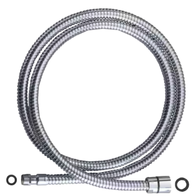 Polished chrome hose with rubber washers.