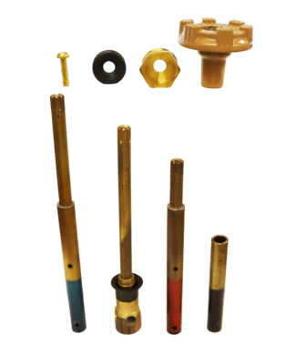 Bright brass stems with blue red black markings with brass nut screw black rubber washer and tan metal handle.