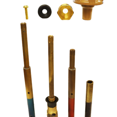 Bright brass stems with blue red black markings with brass nut screw black rubber washer and tan metal handle.