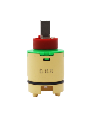 Tan adn lime green plastic cartridge with red limit stop square metal handle connection black rubber o-ring and blue bottom seal.
