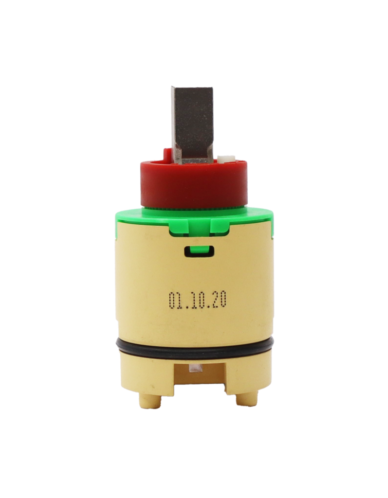 Tan adn lime green plastic cartridge with red limit stop square metal handle connection black rubber o-ring and blue bottom seal.
