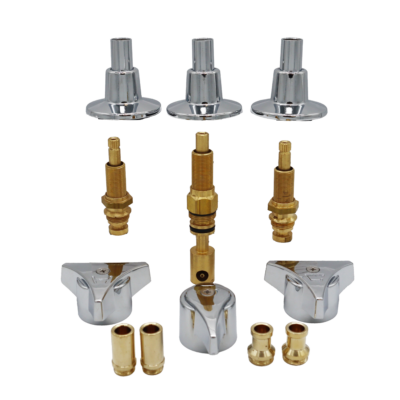 Polished chrome handles and escutcheons with brass stems and faucet seats.