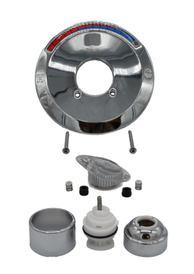Polished chrome escutcheon sleeve and nut with stainless screws white plastic cartridge with stainless springs and black rubber seats and acrylic handle.