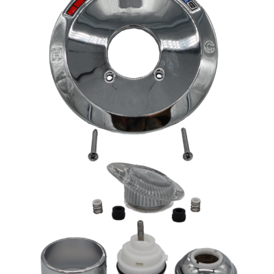 Polished chrome escutcheon sleeve and nut with stainless screws white plastic cartridge with stainless springs and black rubber seats and acrylic handle.