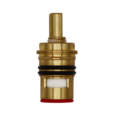 Bright brass cartridge body with black rubber o-rings white ceramic discs and red rubber seal.