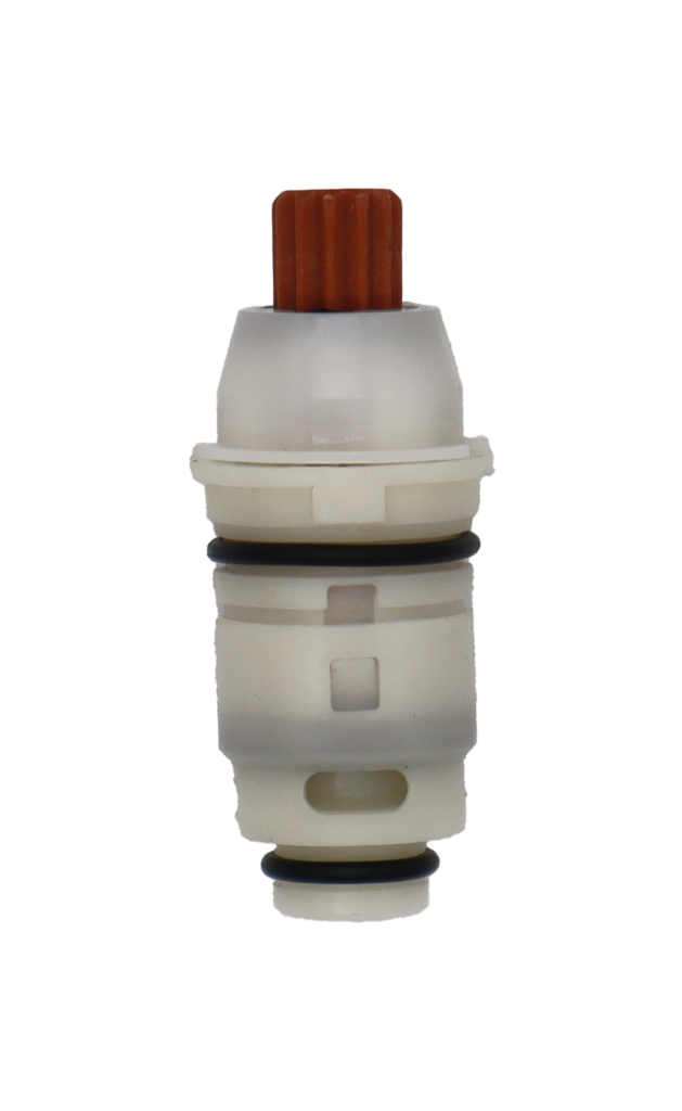 White plastic cartridge with brown handle connection with black rubber o-rings.