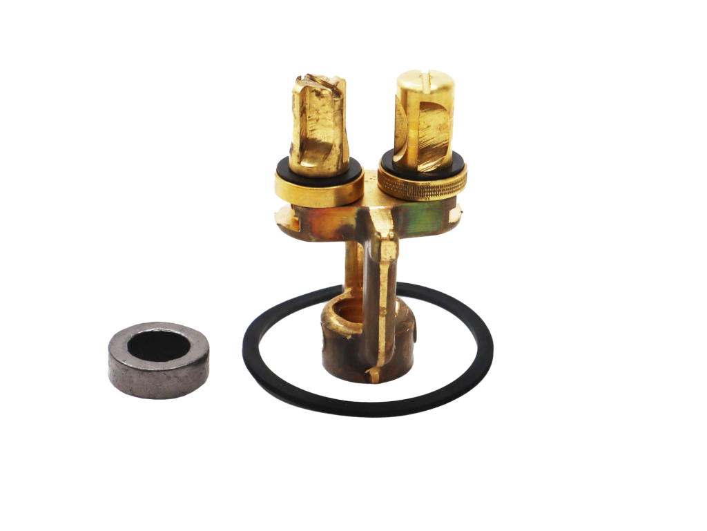 Bright brass yoke with black rubber washers and graphite packing.