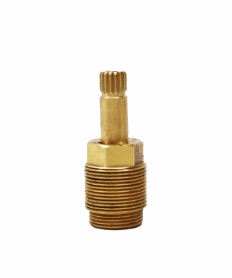 Short brass stem with 2 different sets of threads with a black rubber washer on the bottom with a brass screw.