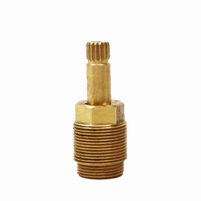 Short brass stem with 2 different sets of threads with a black rubber washer on the bottom with a brass screw.