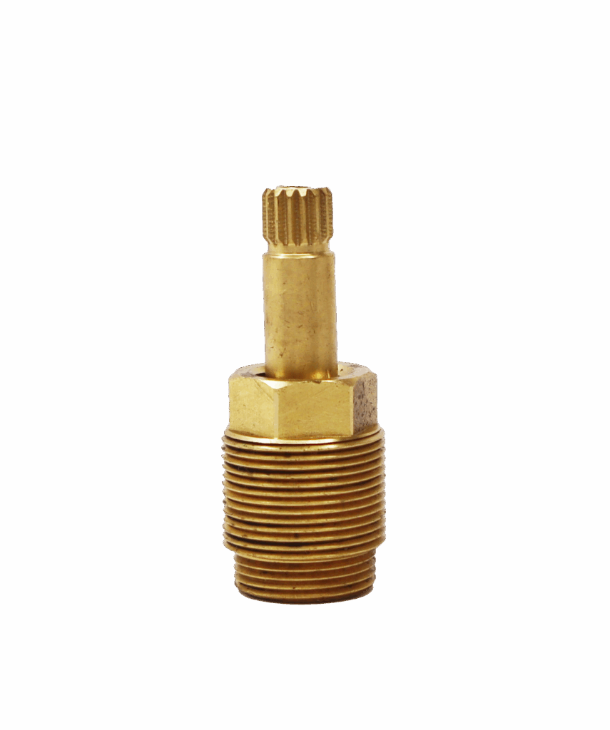 Short brass stem with 2 different sets of threads with a black rubber washer on the bottom with a brass screw.