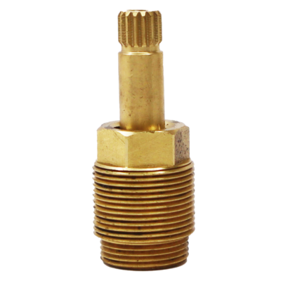 Short brass stem with 2 different sets of threads with a black rubber washer on the bottom with a brass screw.