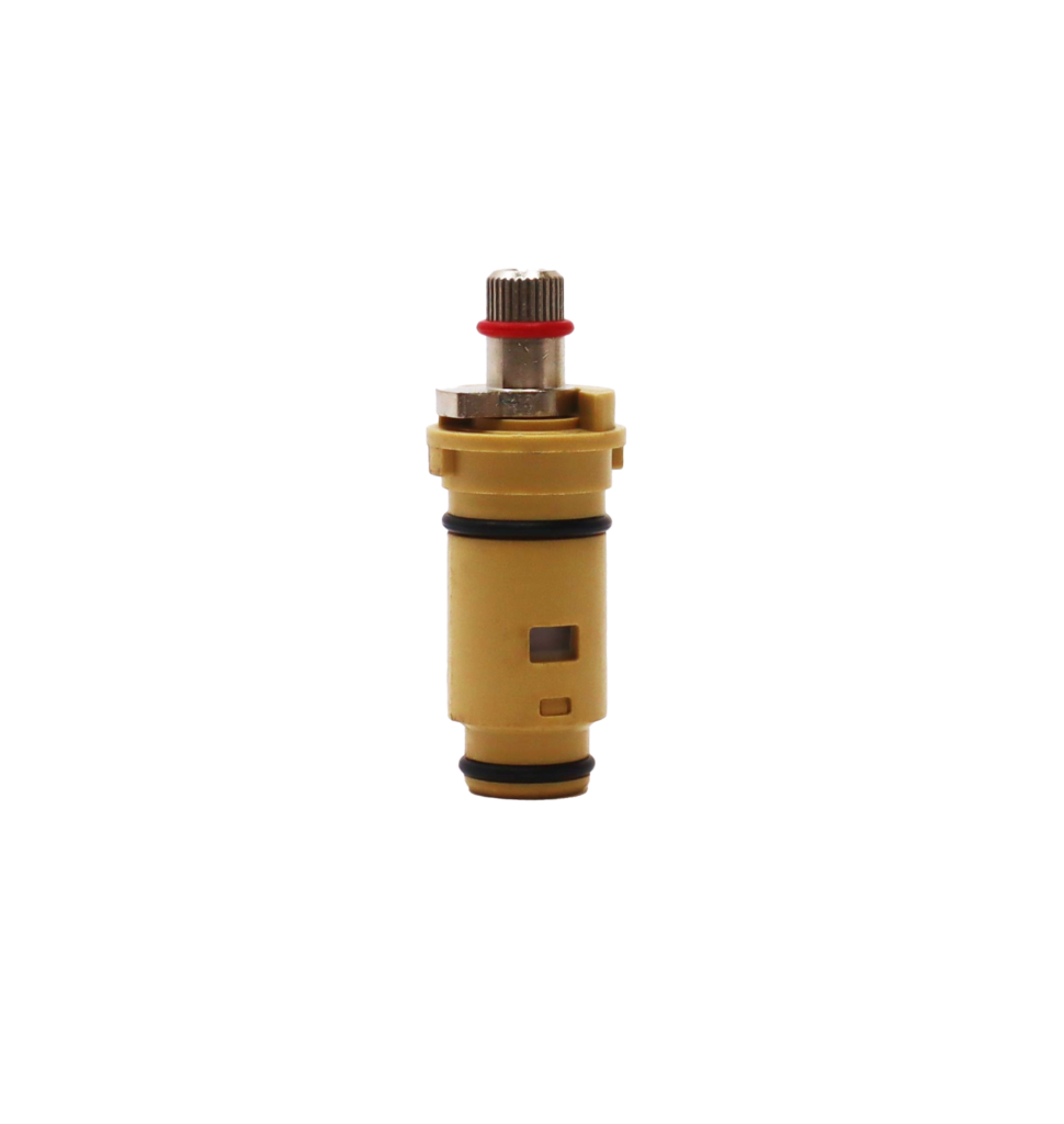 Tan plastic cartridge with metal handle connection with black rubber o-rings