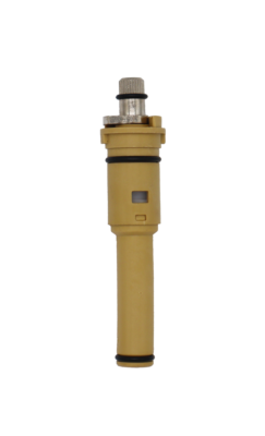 Tan plastic cartridge with metal handle connection with black rubber o-rings.