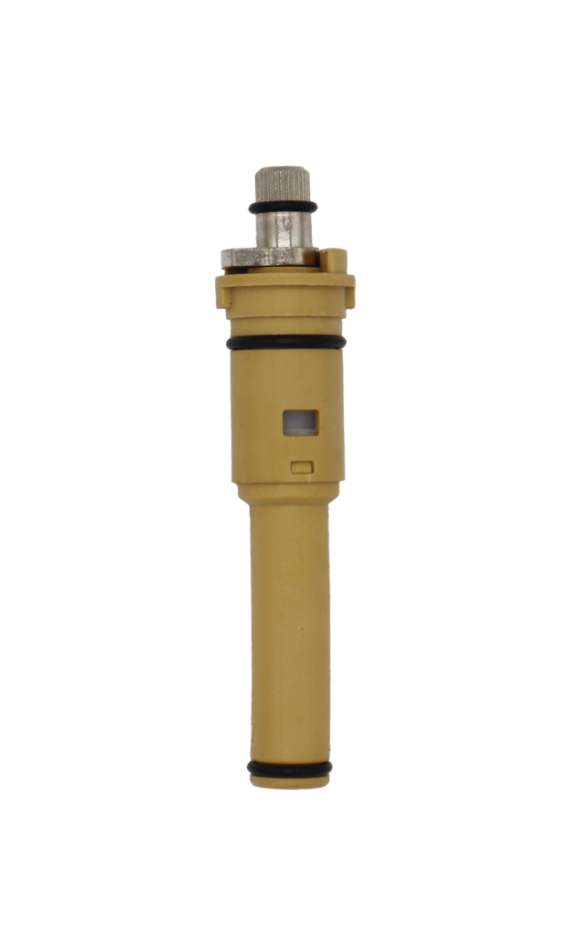 Tan plastic cartridge with metal handle connection with black rubber o-rings.
