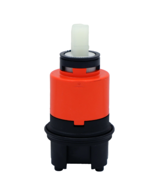 Orange and black platic cartridge with black limit stop white square handle connection with black bottom seal.