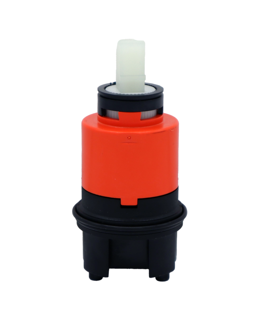 Orange and black platic cartridge with black limit stop white square handle connection with black bottom seal.