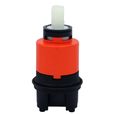 Orange and black platic cartridge with black limit stop white square handle connection with black bottom seal.