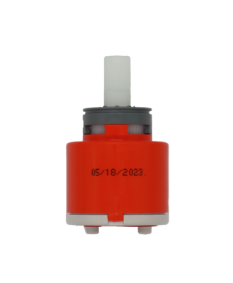 Bright orange plastic cartridge with grey limit stop white square handle connection white bottom with red seal.