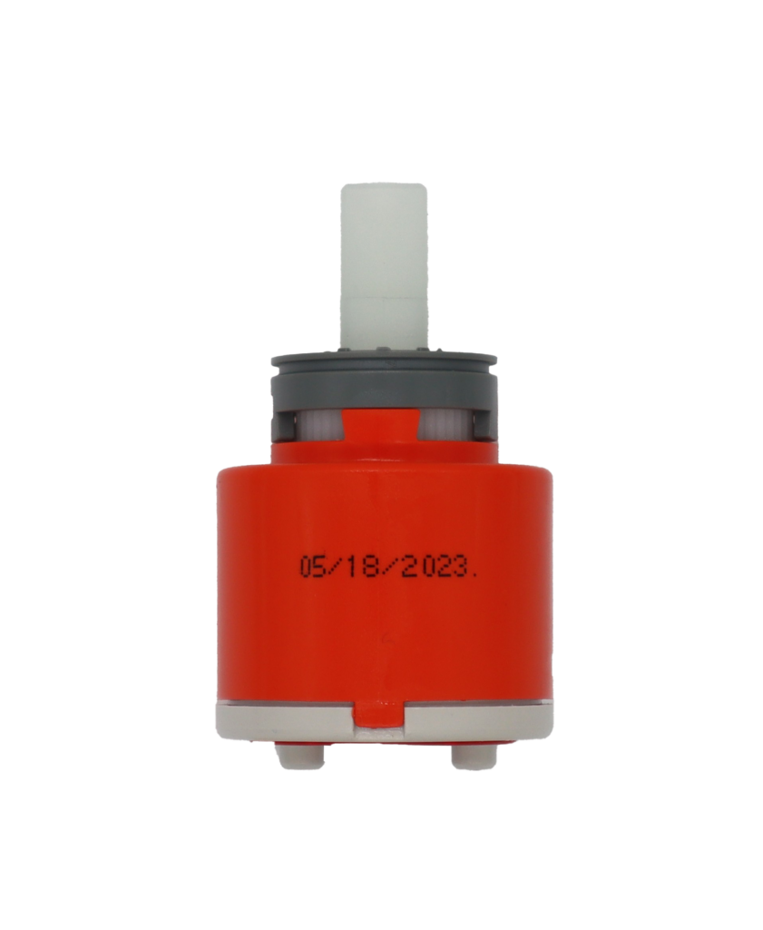 Bright orange plastic cartridge with grey limit stop white square handle connection white bottom with red seal.