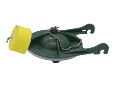 Green plastic flapper with clear rubber washer with yellow float and stainless beaded chain.