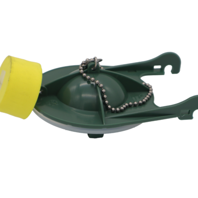 Green plastic flapper with clear rubber washer with yellow float and stainless beaded chain.