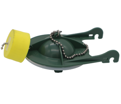 Green plastic flapper with clear rubber washer with yellow float and stainless beaded chain.