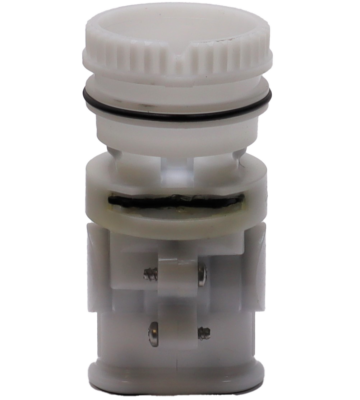 White plastic body with black rubber o-rings and seals with metal screws.