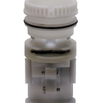 White plastic body with black rubber o-rings and seals with metal screws.