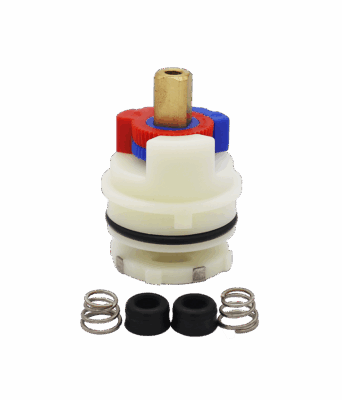 White plastic cartridge with red and blue limit stems with brass stem and seats and springs.