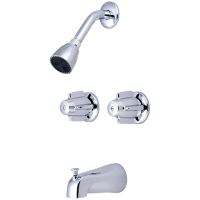 Polished chrome two handle tub & shower faucet with shower head.