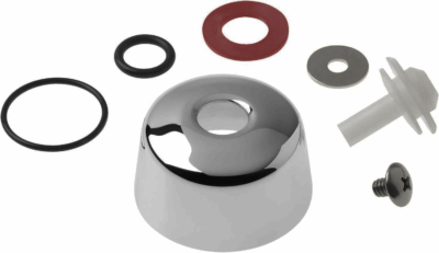 Polished chrome cap with black and red rubber seals white plastic stem and stainless screw.