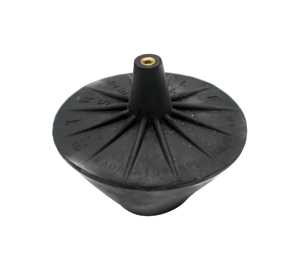 Black rubber tank ball with brass screw opening at the top.