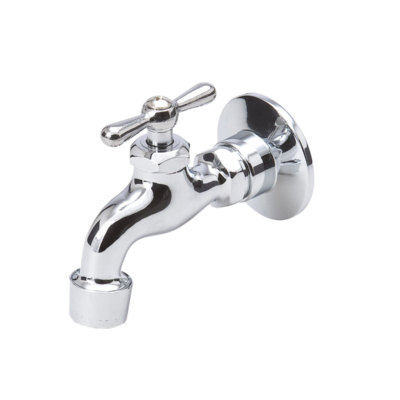 Polished chrome faucet with lever handle.