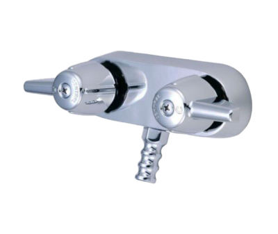 Polished chrome clawfoot tub faucet.