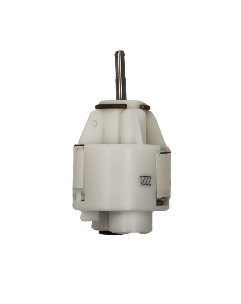 White plastic cartridge with metal handle connection with black rubber o-rings.