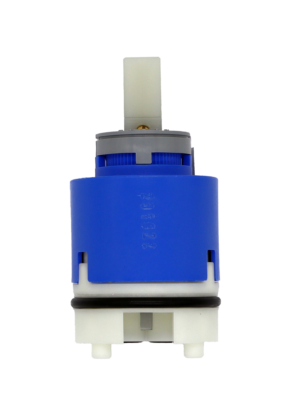 Bright blue plastic cartridge with grey plast limit stop with white square handle connection, white bottom with black o-ring and black bottom seal.