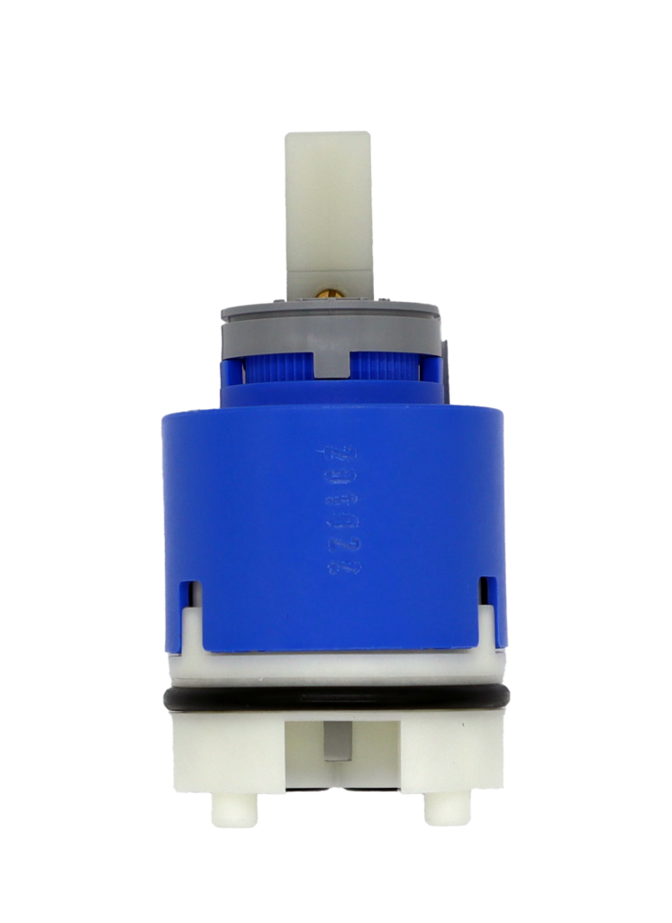 Bright blue plastic cartridge with grey plast limit stop with white square handle connection, white bottom with black o-ring and black bottom seal.