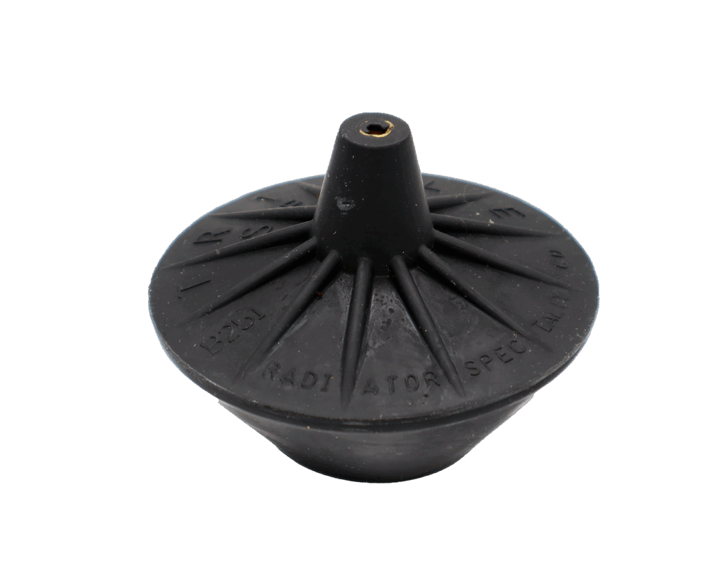 Black rubber flush valve flapper ball with brass nut connection at the top.