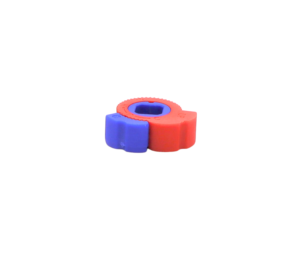 Blue and red plastic limit stops.