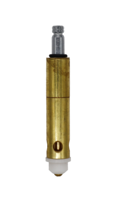 Brass body with chrome stem black rubber o-ring with white plastic bottom with brass screw.