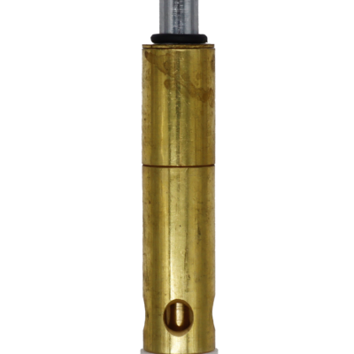 Brass body with chrome stem black rubber o-ring with white plastic bottom with brass screw.