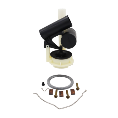White and black plastic flushvalve with black rubber disc copper clips brass screws beaded chaing with metal clip and rubber grommet.