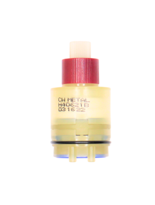 Clear plastic cartridge with red limit stop with white handle connection with black rubber o-ring and blue rubber gasket.