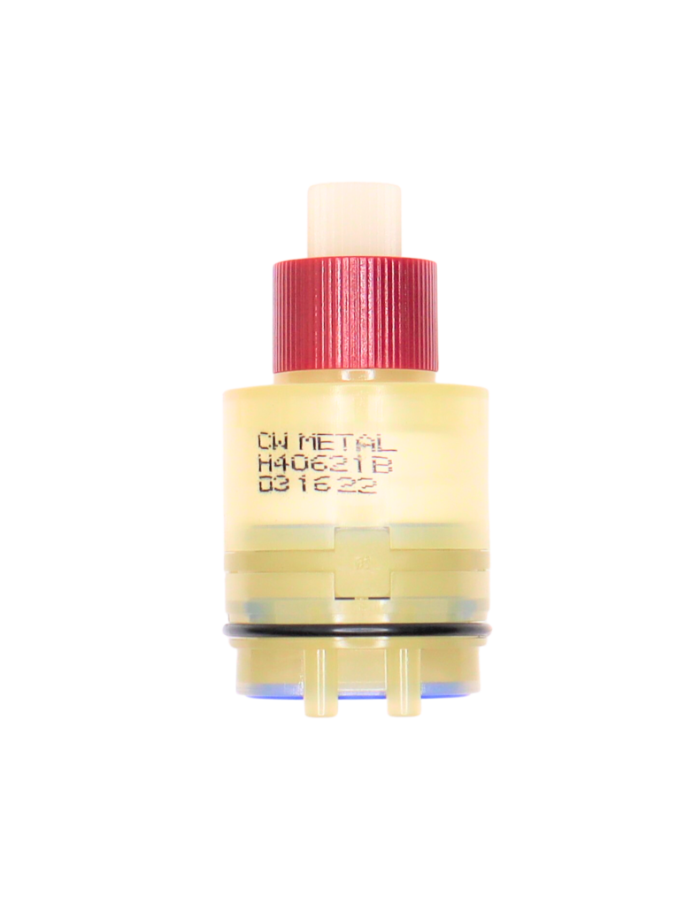 Clear plastic cartridge with red limit stop with white handle connection with black rubber o-ring and blue rubber gasket.