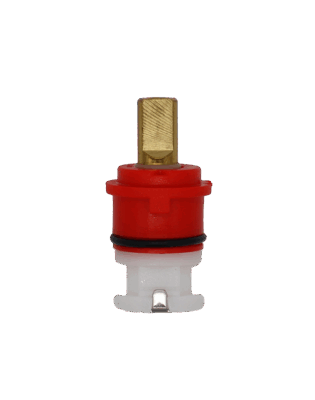 Bright red and white plastic cartridge with brass handle connection with stainless bottom.