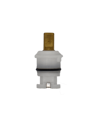 White plastic cartridge with brass stem black rubber o-ring and stainless bottom.