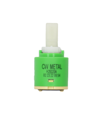 Bright lime green plastic cartridge with white square handle connection with tan bottom with black seal. CE metal printed on cartridge.