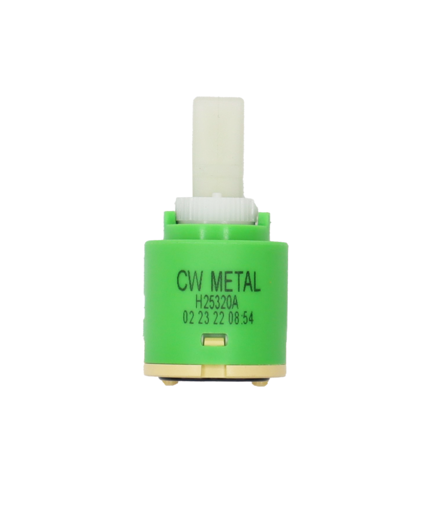 Bright lime green plastic cartridge with white square handle connection with tan bottom with black seal. CE metal printed on cartridge.